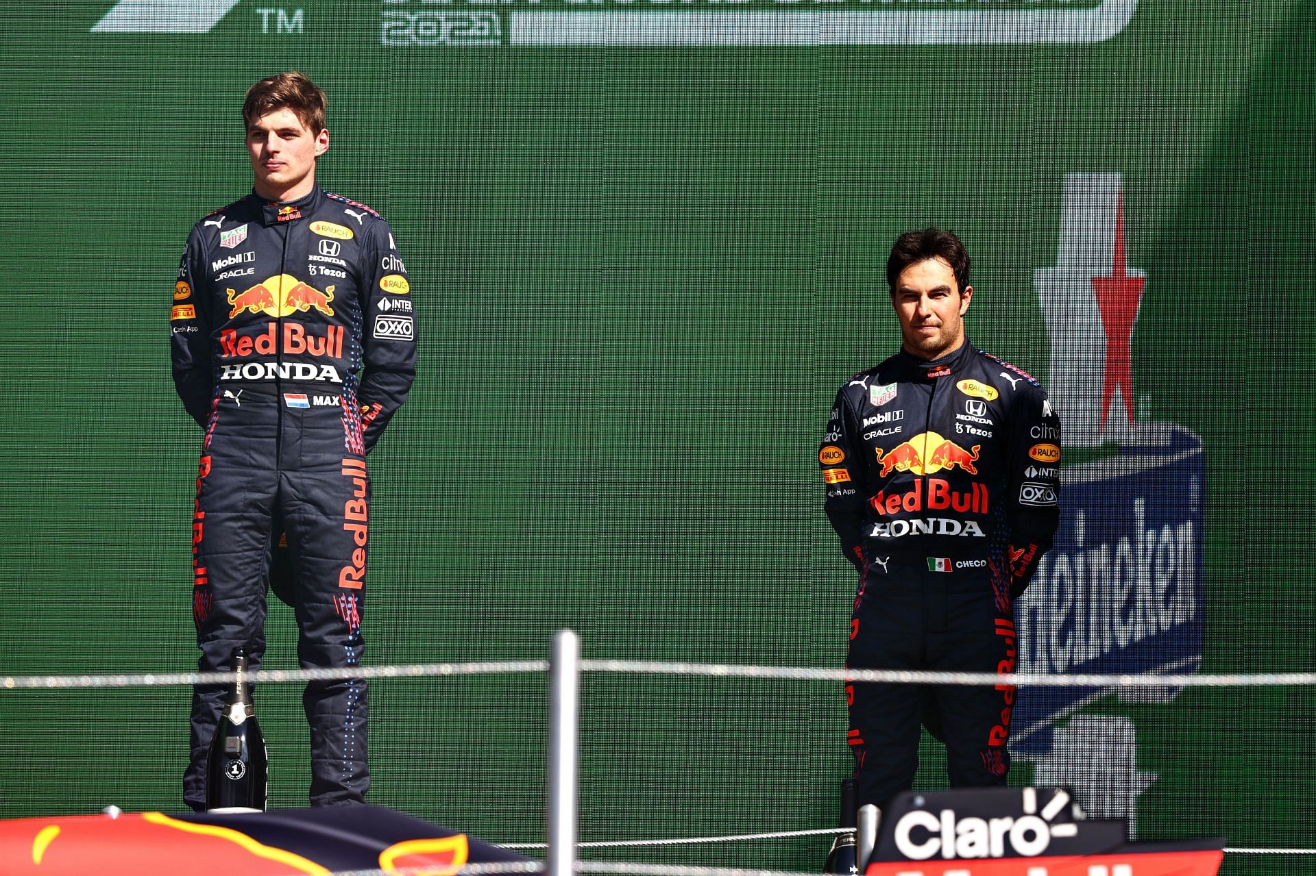 Max Verstappen (left) and Sergio Perez (right) on the podium at the 2021 Mexican Grand Prix (Photo by Mark Thompson/Getty Images)