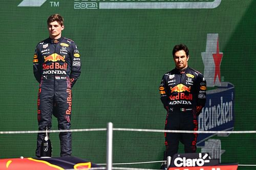 Max Verstappen (left) and Sergio Perez (right) on the podium at the 2021 Mexican Grand Prix (Photo by Mark Thompson/Getty Images)