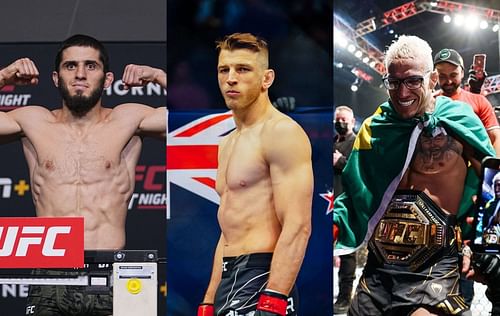 Islam Makhachev (left), Dan Hooker (center) & Charles Oliveira (right)