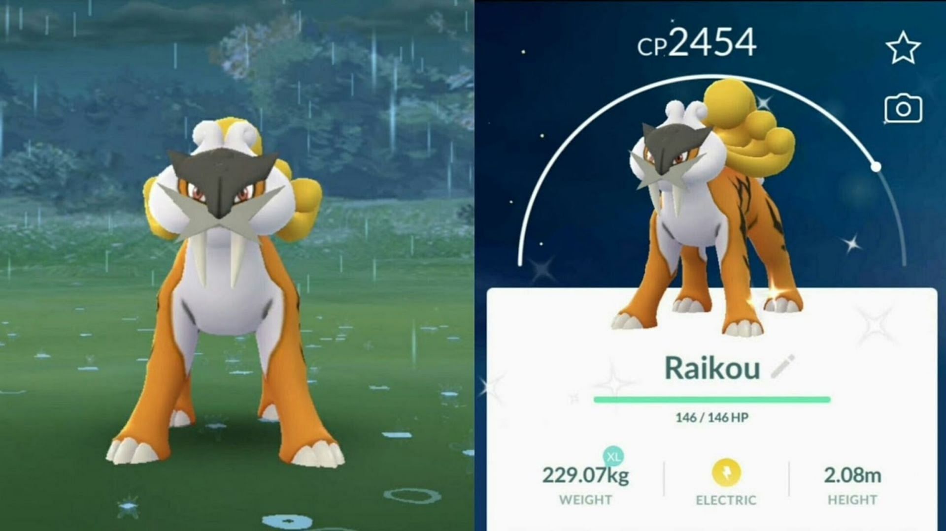 Shiny Raikou receiving a Weather Boost in Pokemon GO from stormy weather (Image via YouTube user Ultimate Sachin)