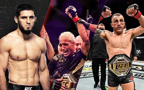 Islam Makhachev (left; Image Credit: UFC.com), Charles Oliveira (center) and Alexander Volkanovski (right; Photo Courtesy: Getty Images)