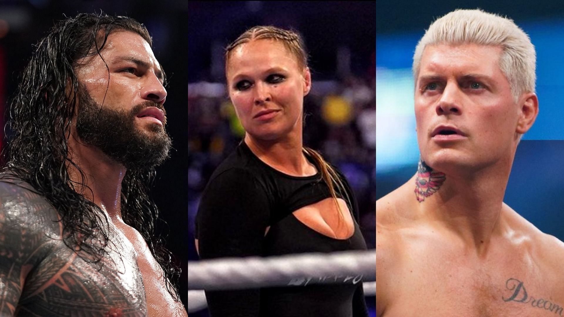 Roman Reigns (left); Ronda Rousey (middle), Cody Rhodes (right)