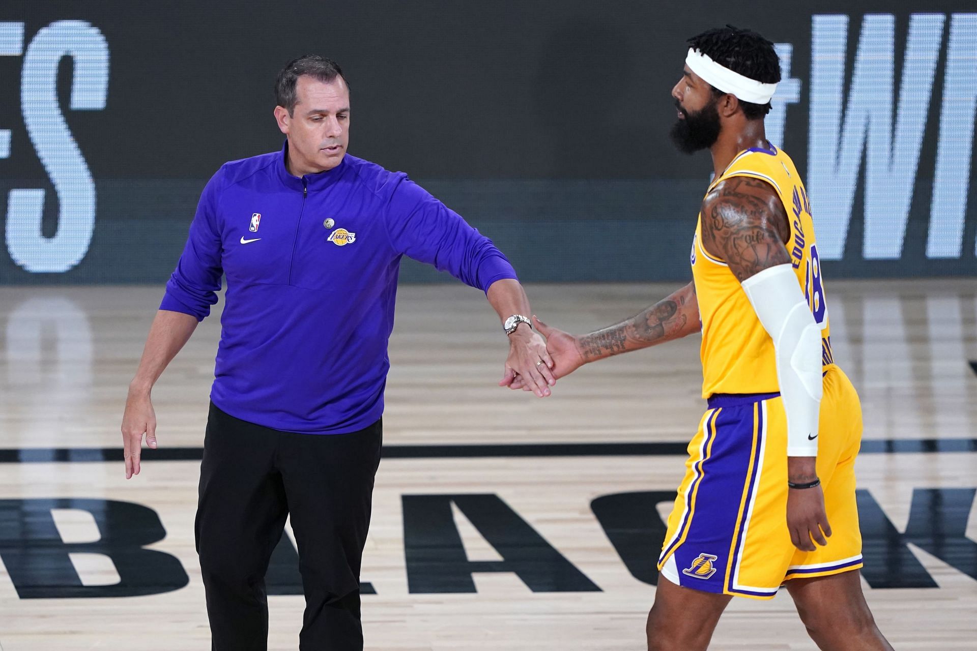 Markieff Morris of the LA Lakers with head coach Frank Vogel