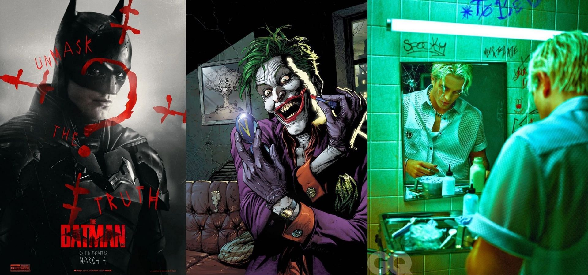 Robert Pattinson as Batman, Joker from comics, and the actor&#039;s GQ shoot (Image via Warner Bros., DC, and Jack Bridgland/GQ)