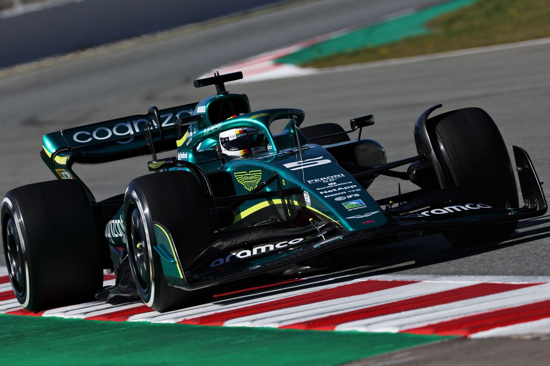 Sebastian Vettel (#5) drives the AMR22 during Day 1 of Formula 1 Testing in Barcelona