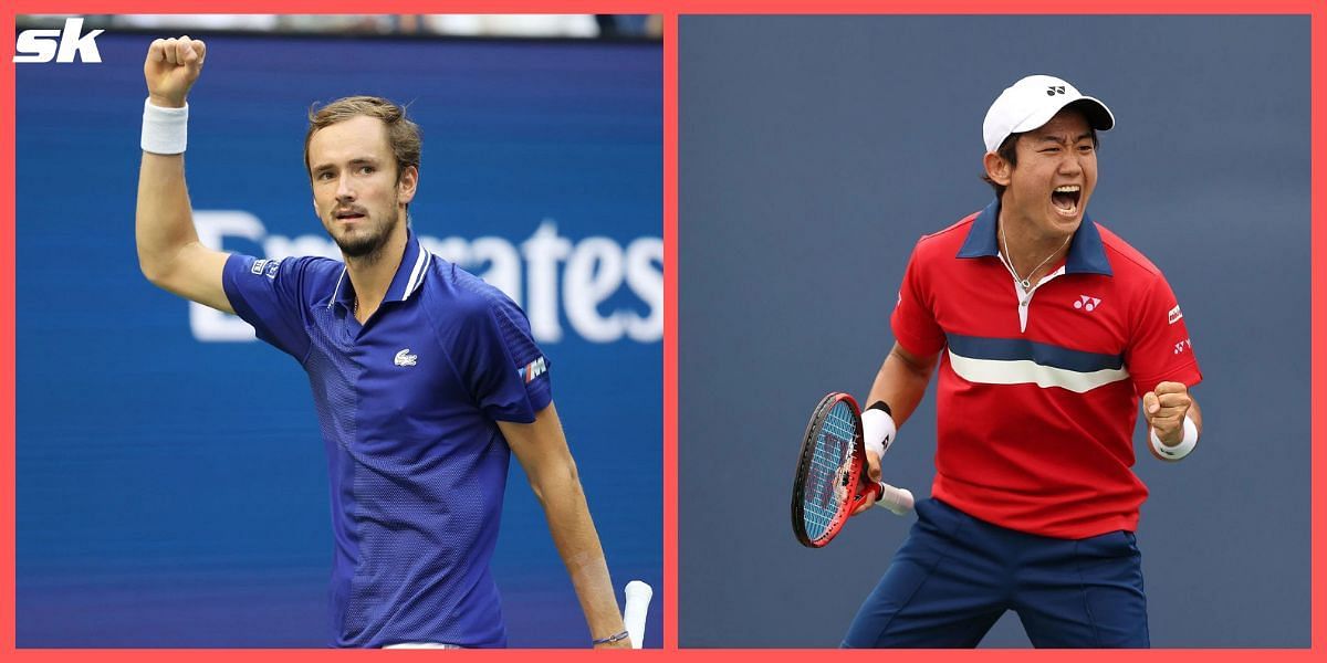 Daniil Medvedev (L) and Yoshihito Nishioka.