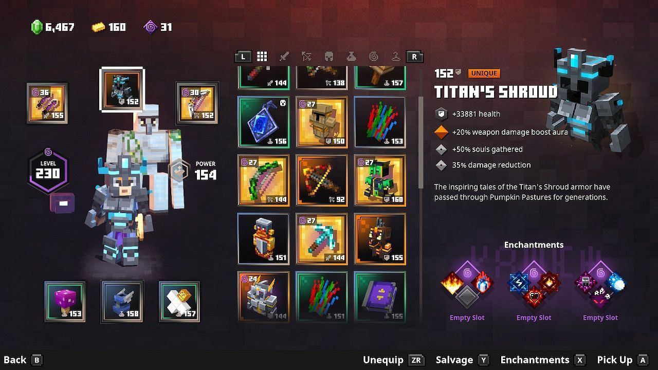 Titan&#039;s Shroud is an armor that the melee soul harvesting build will prefer (Image via Minecraft Dungeons)