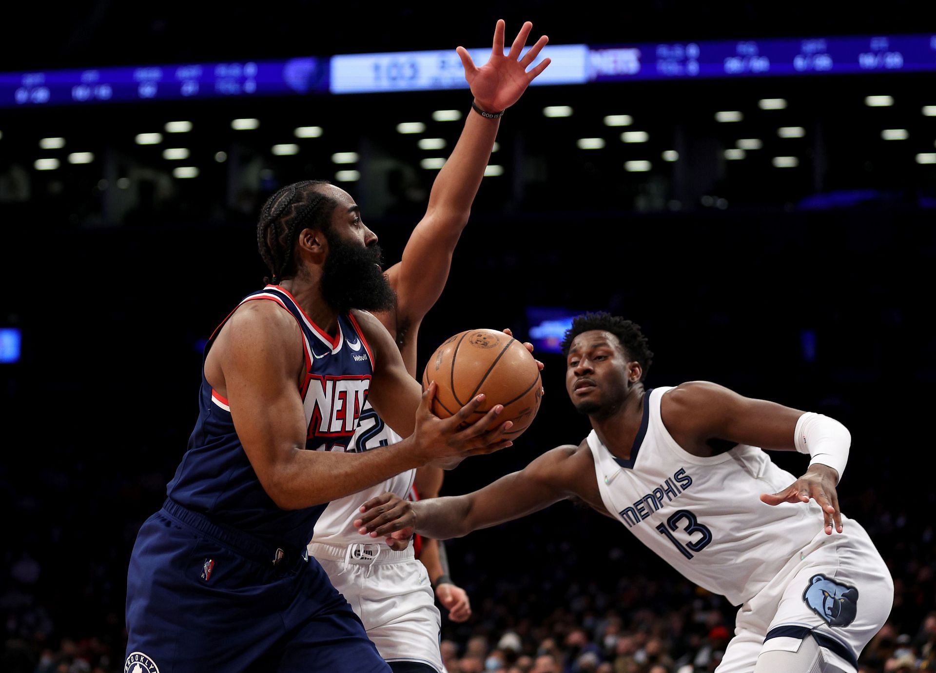 James Harden of the Brooklyn Nets heads for the net as Jaren Jackson Jr. of the Memphis Grizzlies defends