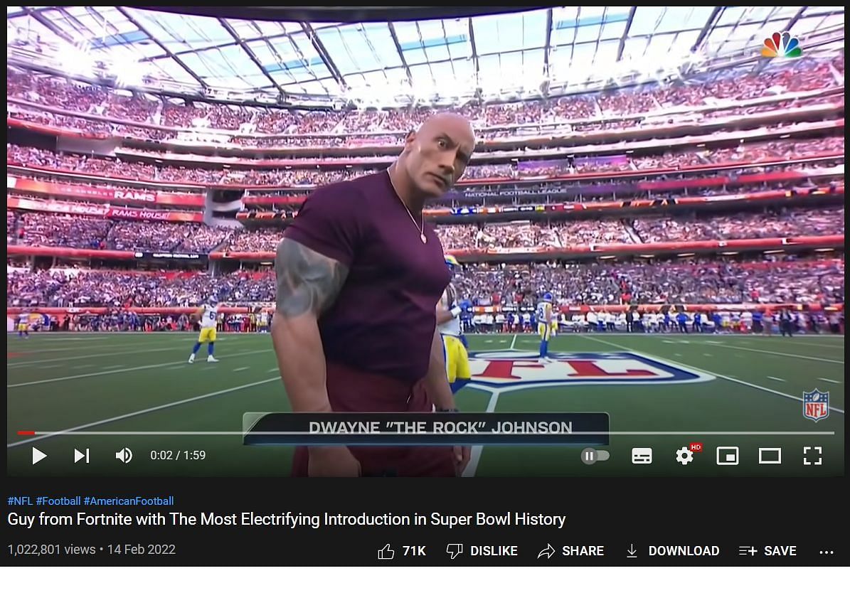 NFL YouTube titles The Rock&#039;s intro as &quot;Guy from Fortnite&quot; (Image via Youtube/NFL)