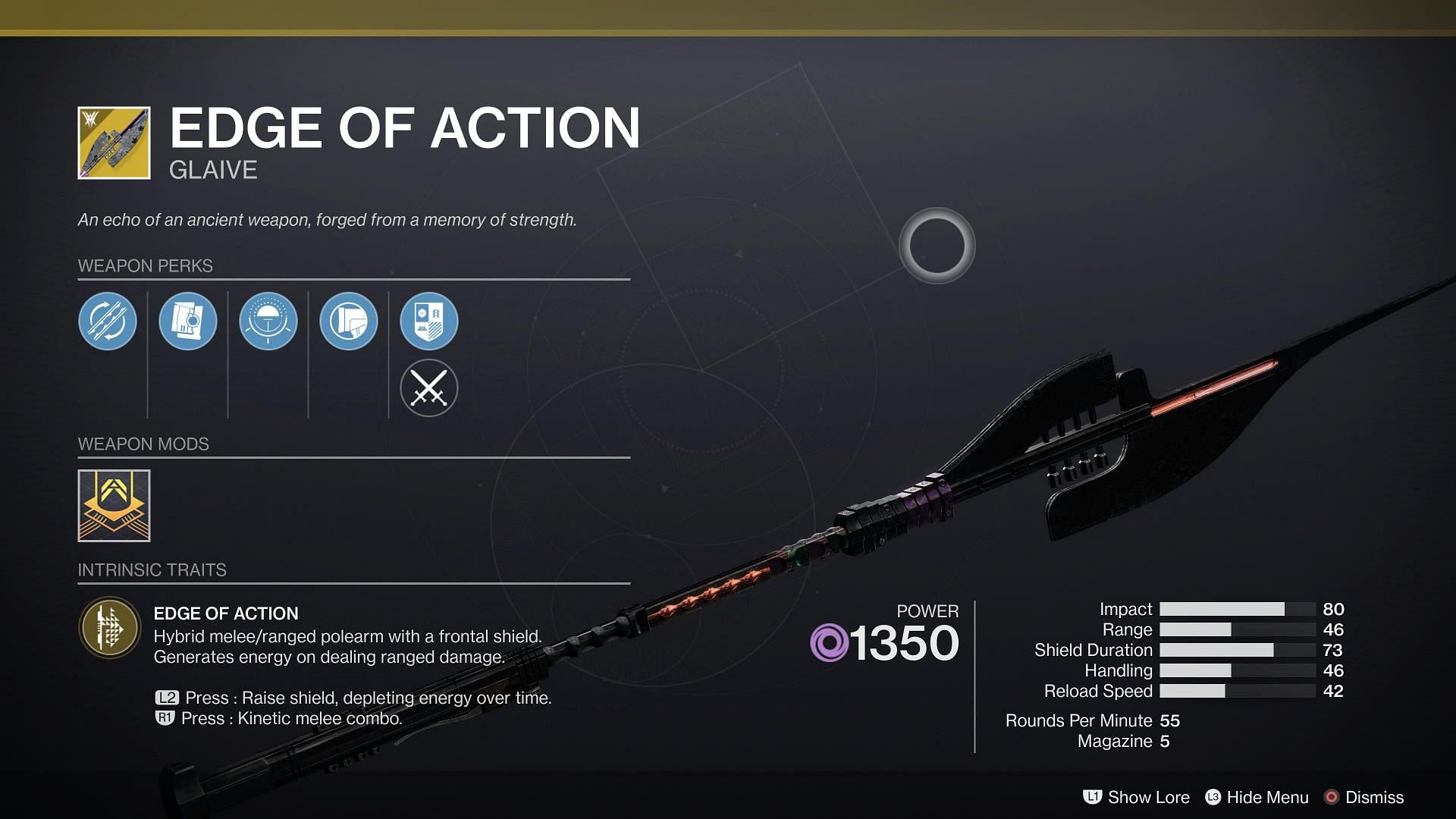 Titans gain access to the new Exotic Glaive Edge of Action, which has the special ability to deploy a shield on hit when used with full energy (Image via Destiny 2: The Witch Queen)