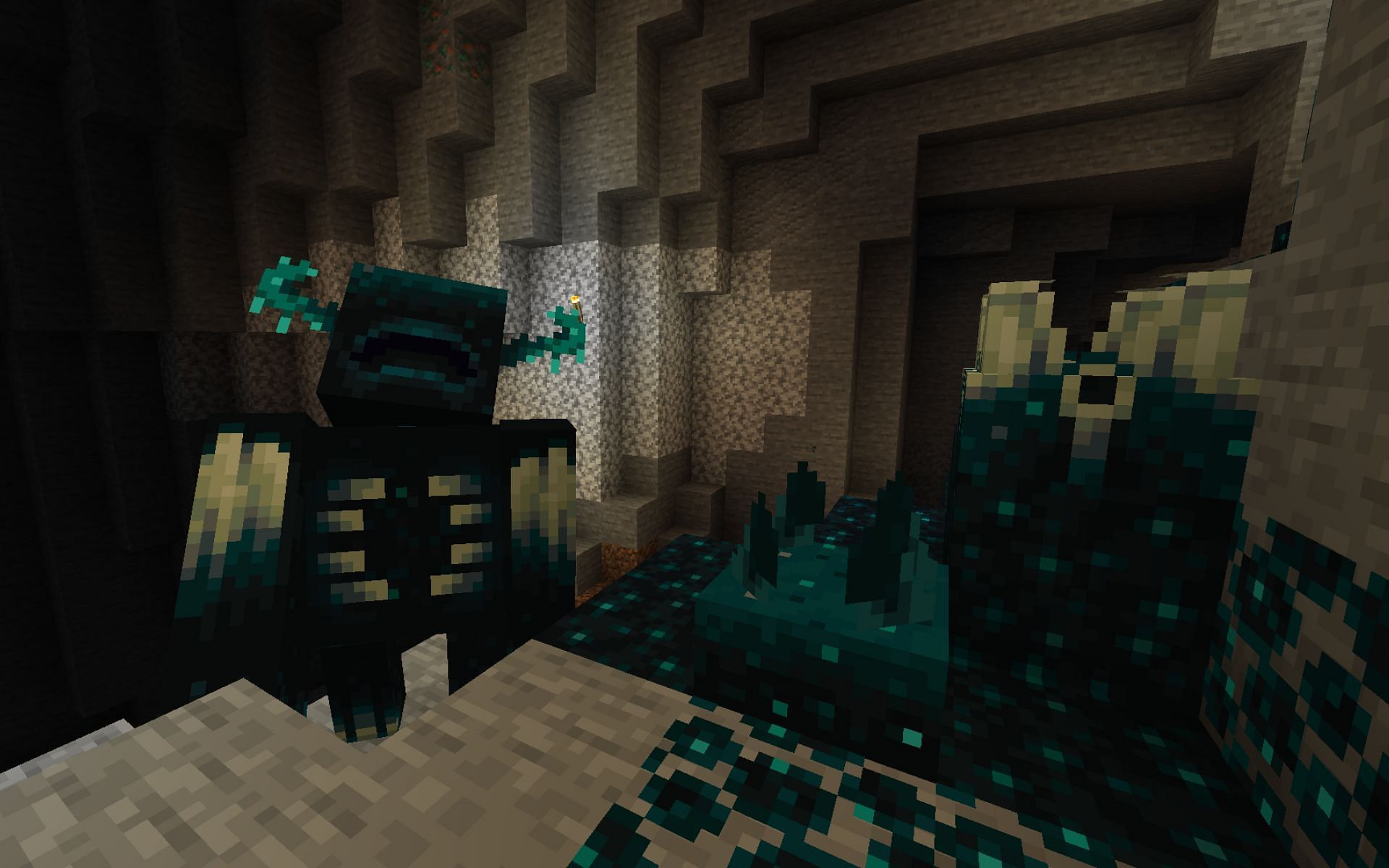 Warden and the Deep Dark biome (Image via Minecraft)