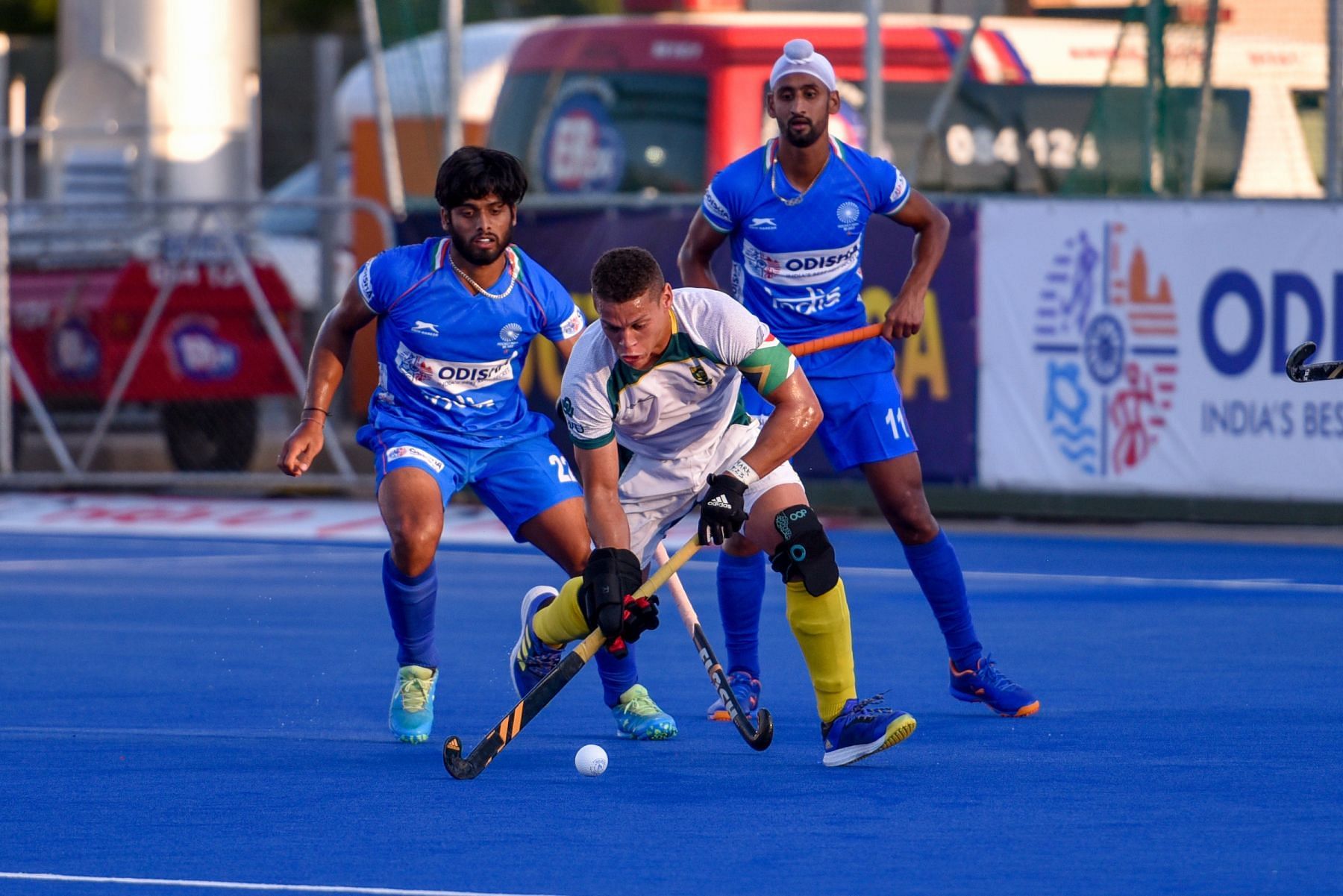 The Indian men&#039;s hockey team in action against South Africa. (PC: Hockey India)