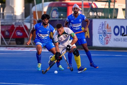 The Indian men's hockey team in action against South Africa. (PC: Hockey India)