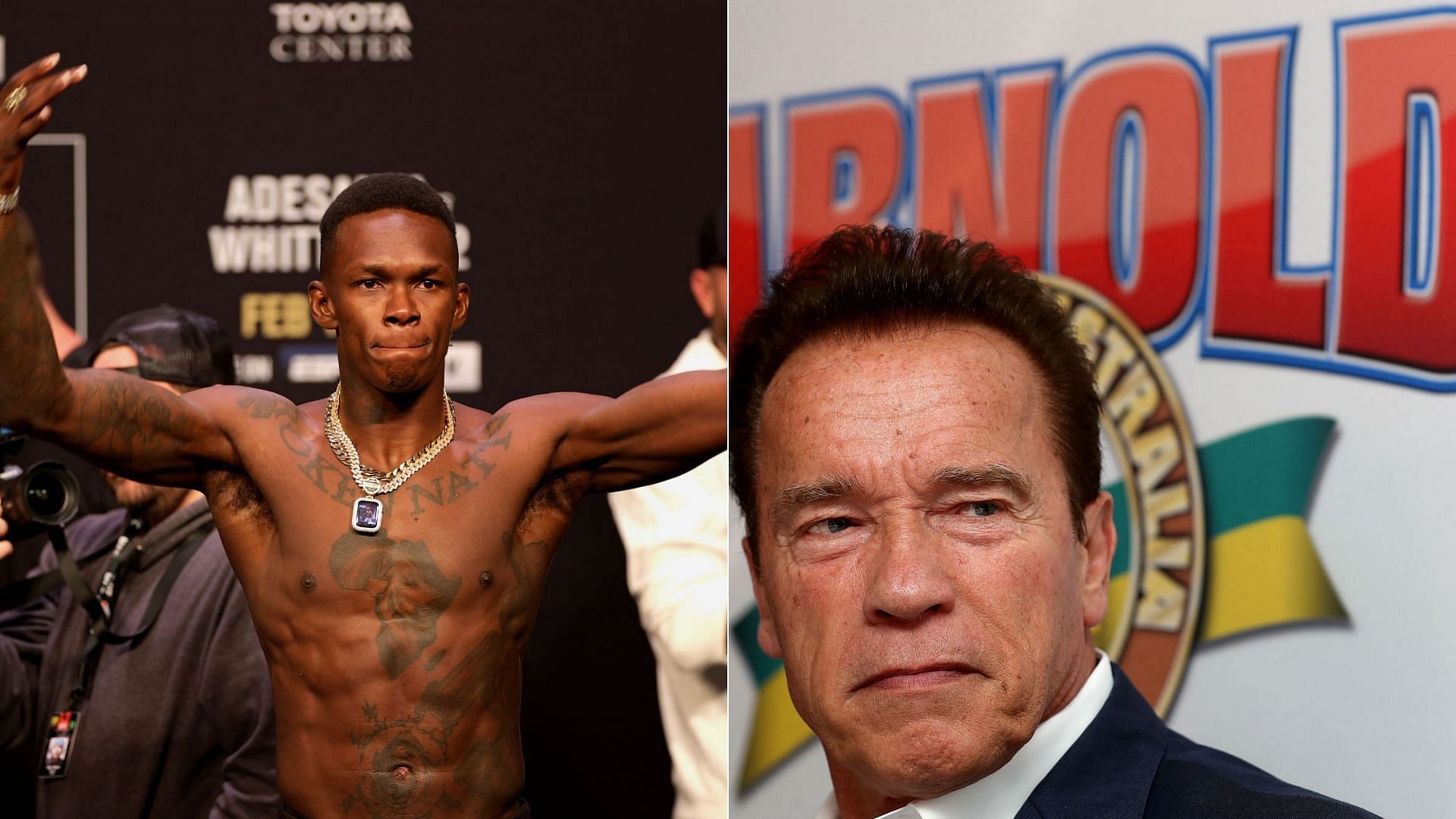 Israel Adesanya (Left) and Arnold Schwarzenegger (Right) [Images courtesy of Getty]