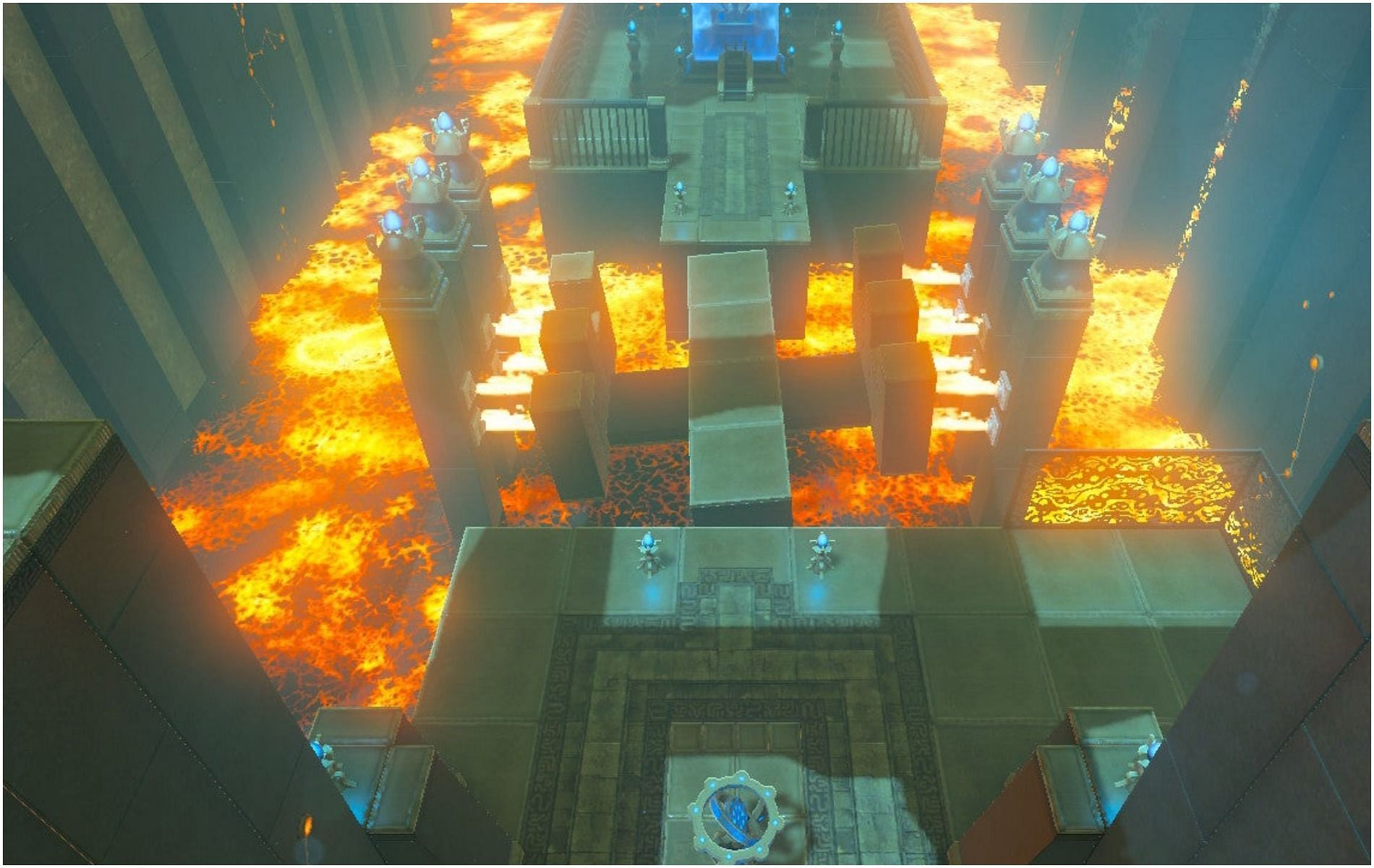 The Rinu Honika shrine is a fiery maze in Zelda: Breath of the Wild (Image via Nintendo)