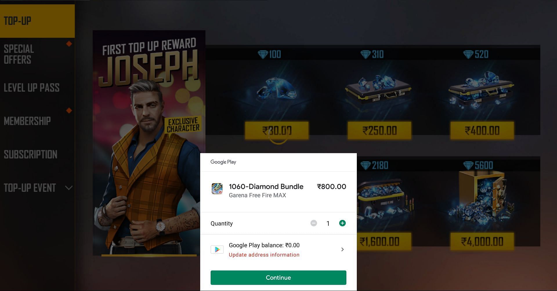 In-app purchases are working fine in the better version (Image via Garena)