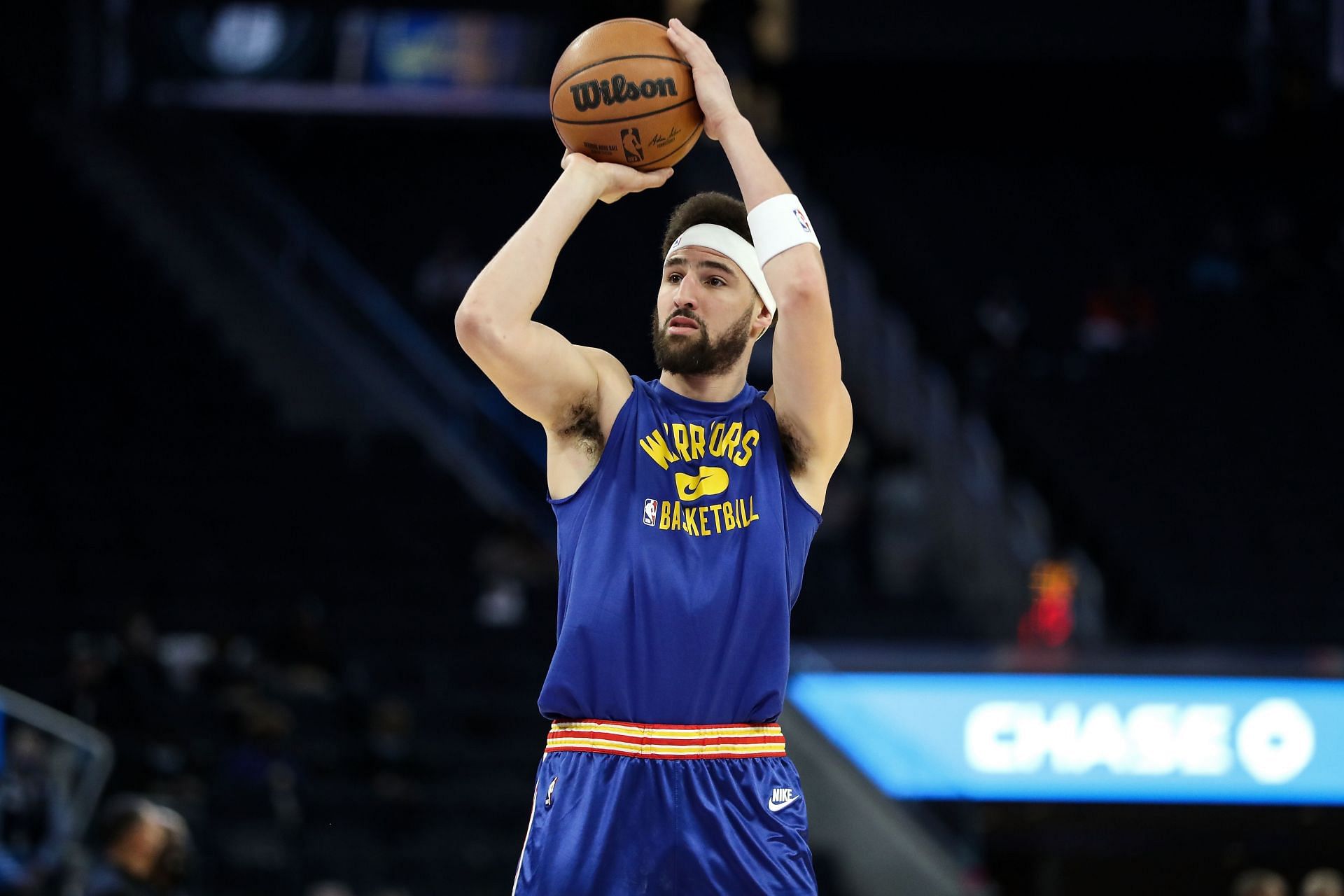 Klay Thompson warms up ahead of a game.