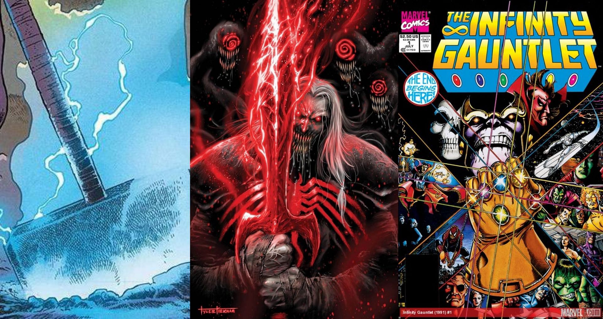 The Mjolnir, Necrosword, and Infinity Gauntlet in the comics (Image via Marvel Comics)