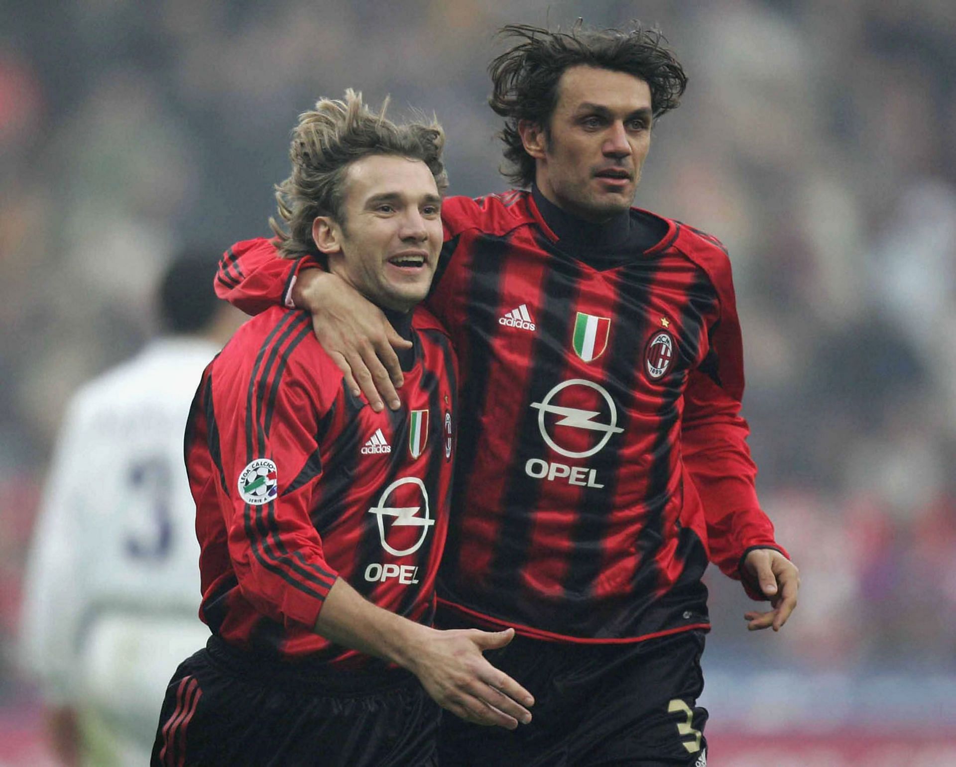 Andriy Shevchenko (left) celebrating with Maldini (right) in a Serie A match (2004)