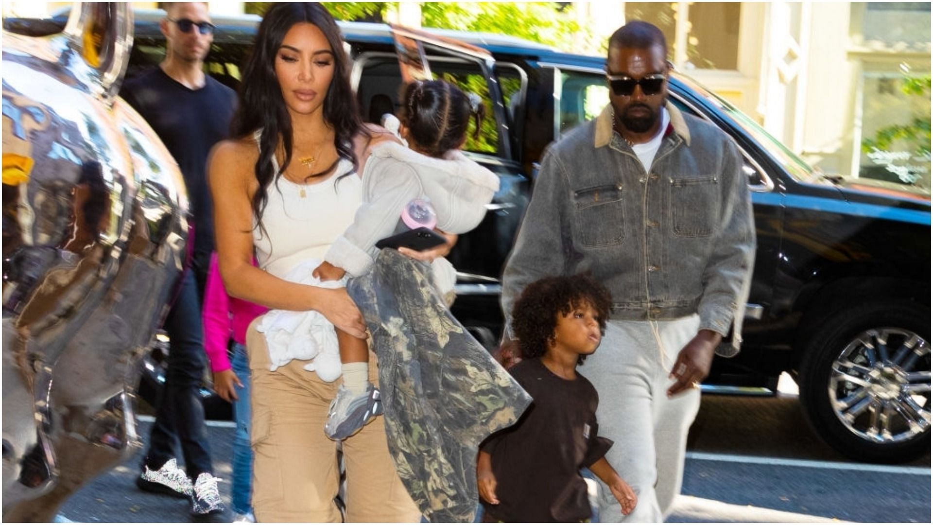 Kim Kardashian and Kanye West take their kids North West, Saint West, Chicago West, Psalm West (Image via Gotham/Getty Images)