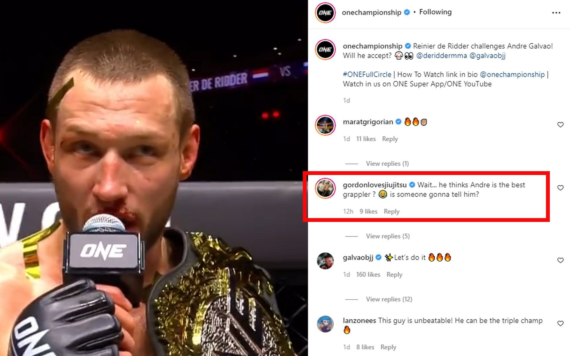 Screen capture of Gordon Ryan&#039;s comment on ONE Championship&#039;s Instagram post