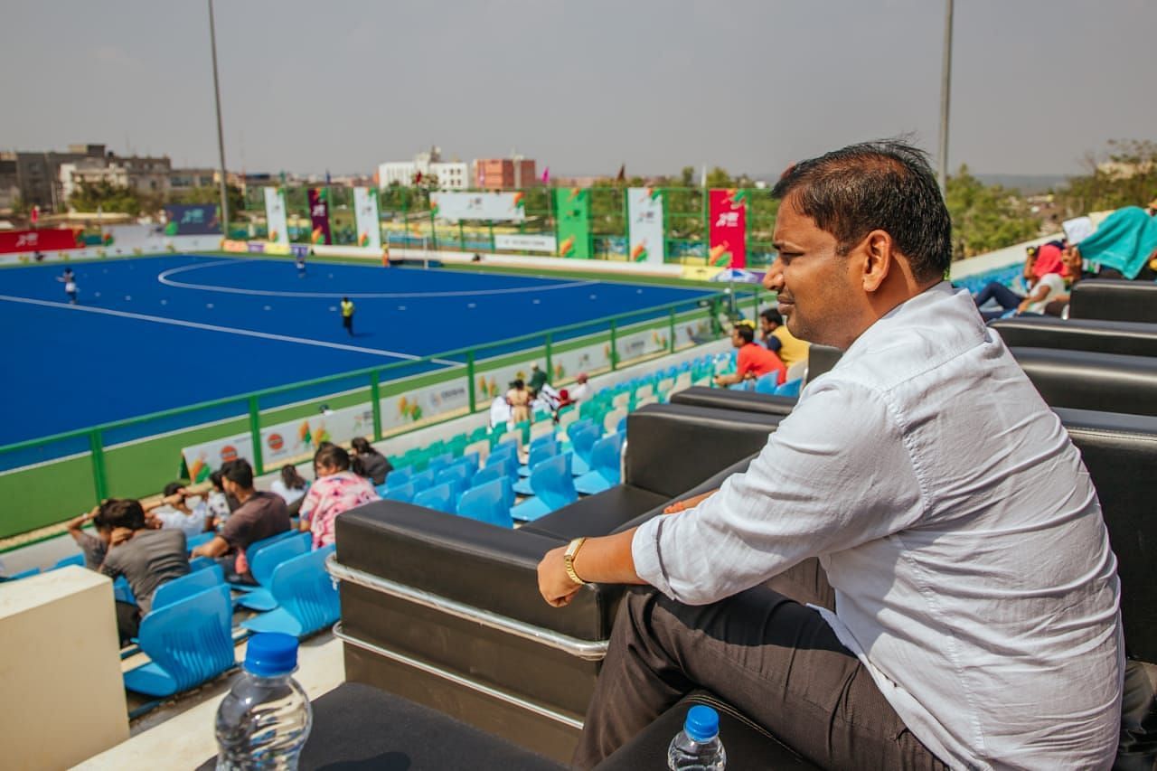 Sports minister Tusharkanti Behera watching hockey match during Khelo India University Games in 2020. (Picture: Odisha Sports)
