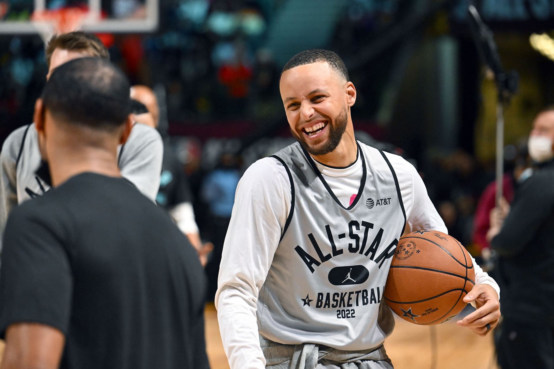 Stephen Curry of Team LeBron jokes during the NBA All-Star practice