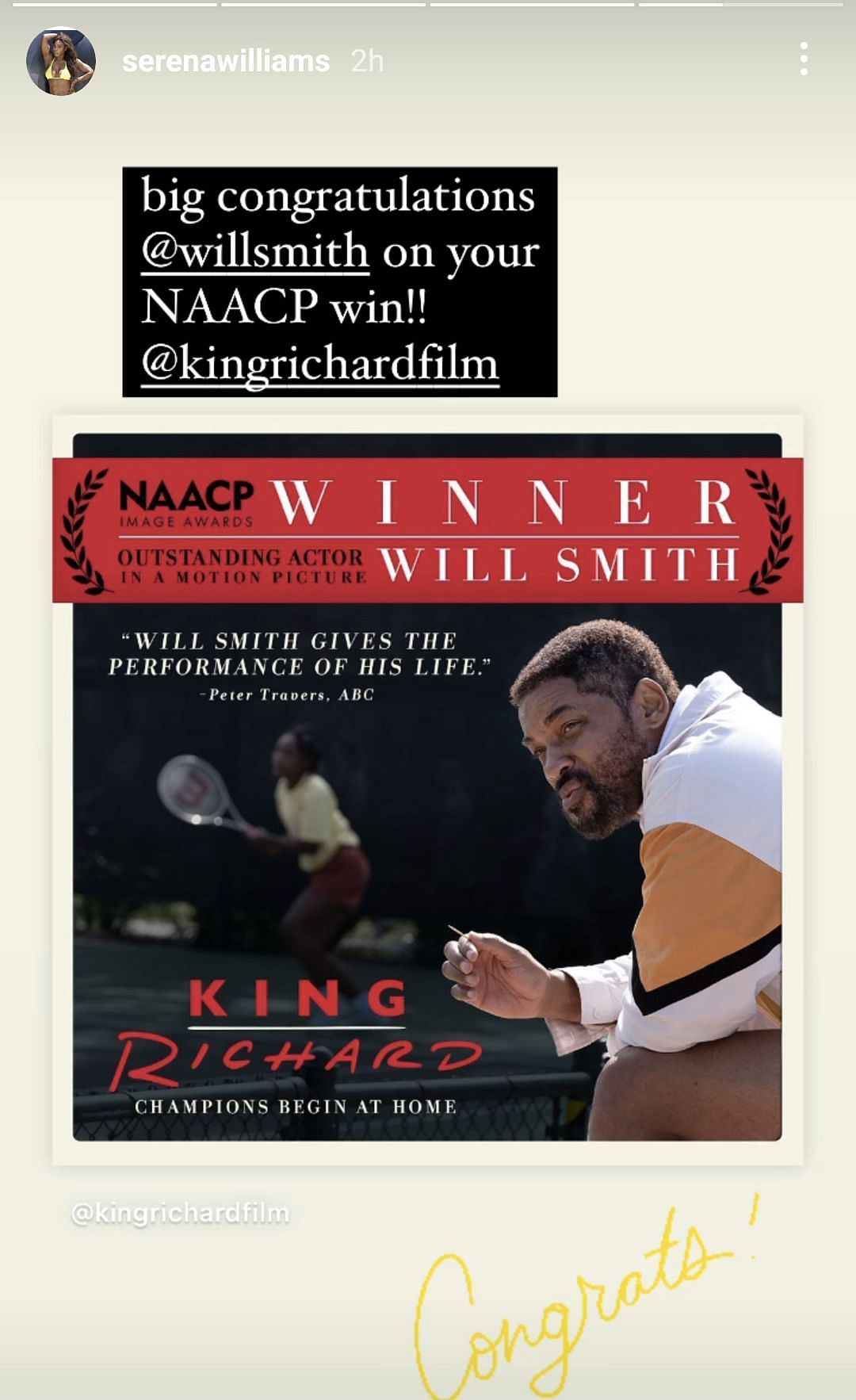 The former World No. 1 congratulated Will Smith after his NAACP win (Credit: Serena Williams Instagram).