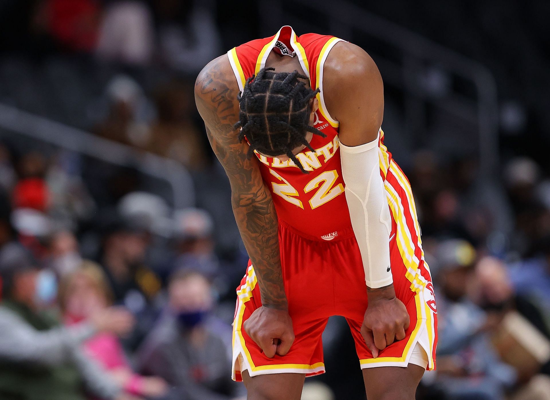 Cam Reddish of the Atlanta Hawks reacts after a turnover against the Orlando Magic on Dec. 22 in Atlanta, Georgia.