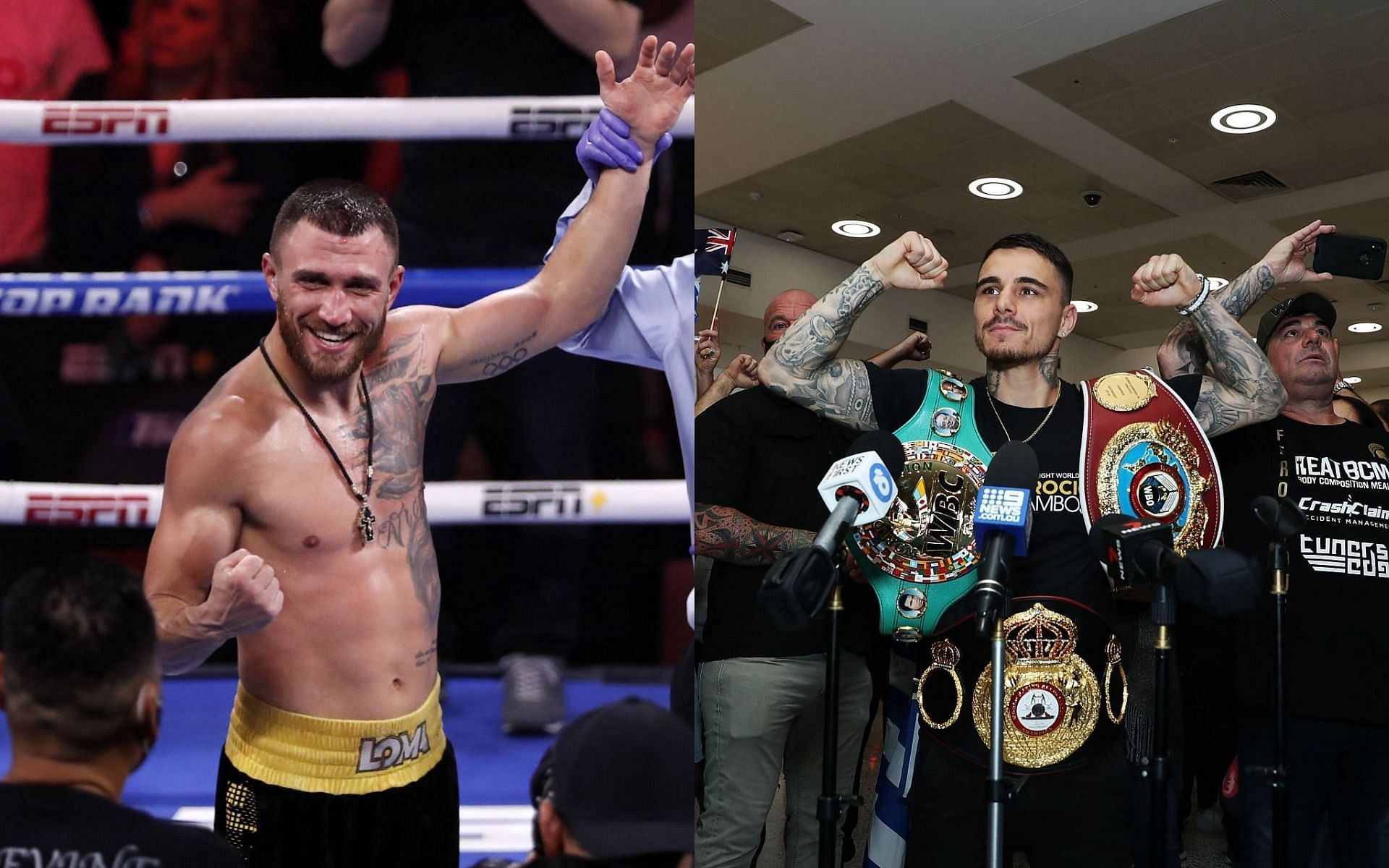 Vasyl Lomachenko (L) has announced he&#039;s in talks with George Kambosos Jr. (R)