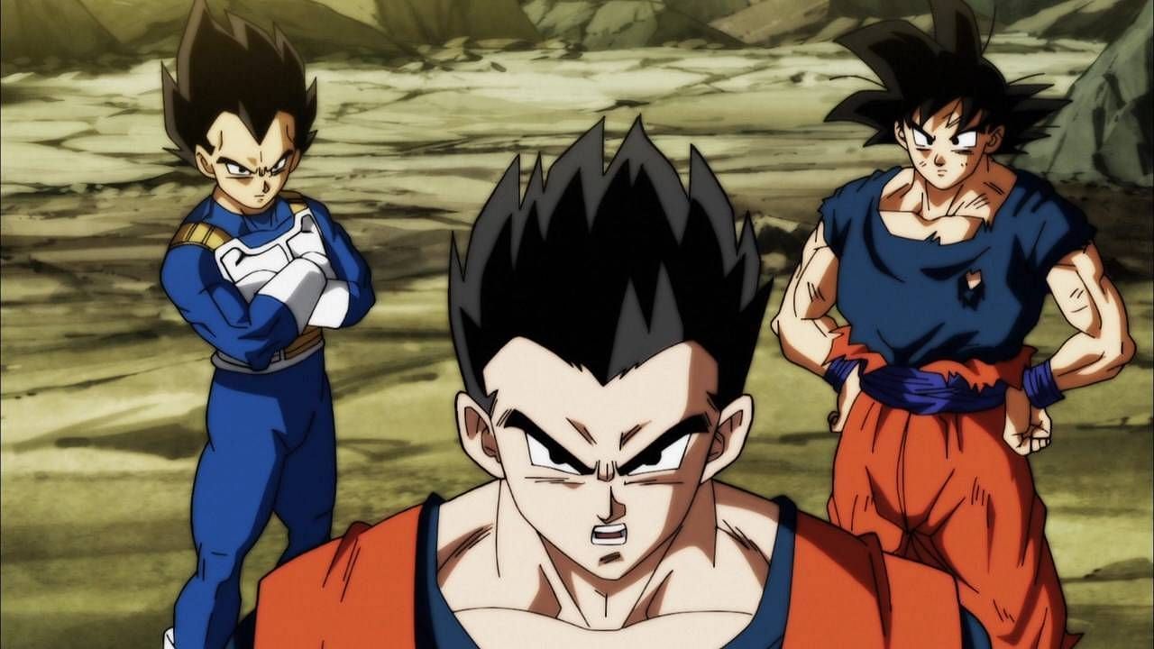 Gohan (center) seen in the Super anime with Goku (right) and Vegeta (left) (Image via Toei Animation)