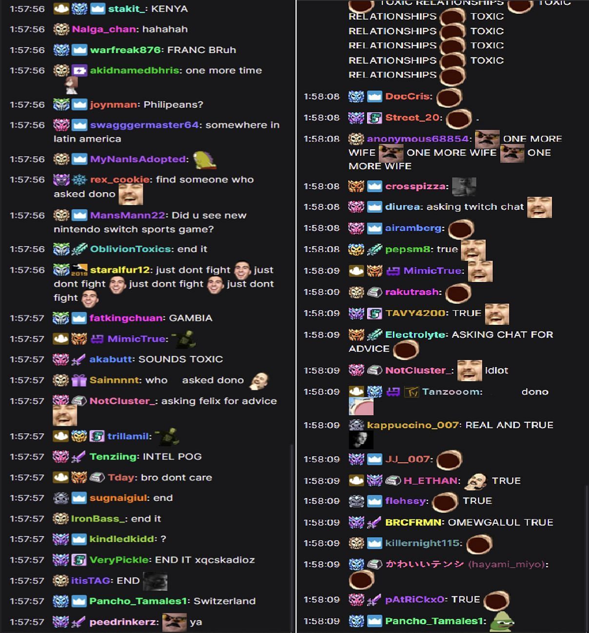 The Twitch chat reacting to the streamers response to the advice (Images via xQcOW/Twitch)