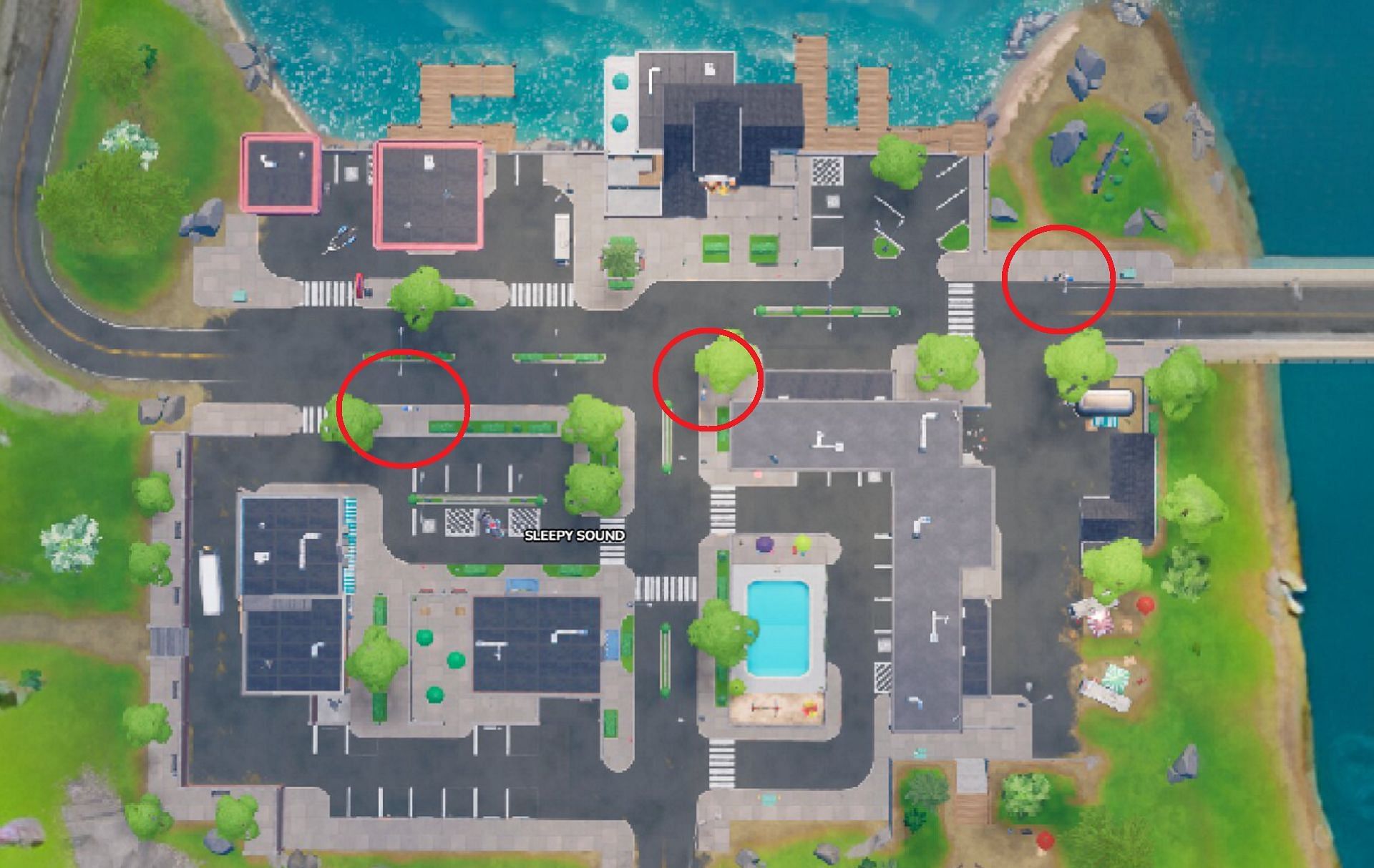 Mailbox locations in Sleepy Sound in Chapter 3 Season 1 (Image via Fortnite.GG)