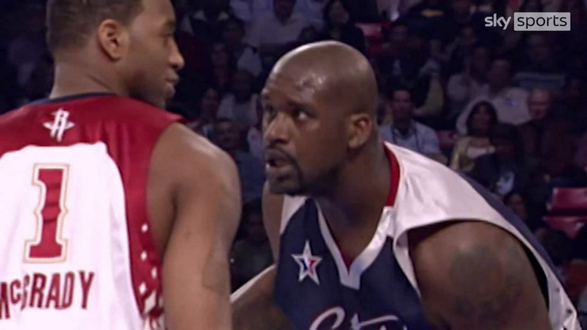 One of Tracy McGrady&#039;s career highlight reel was a resounding block of Shaquille O&#039;Neal&#039;s shot. [Photo: Sky Sports]