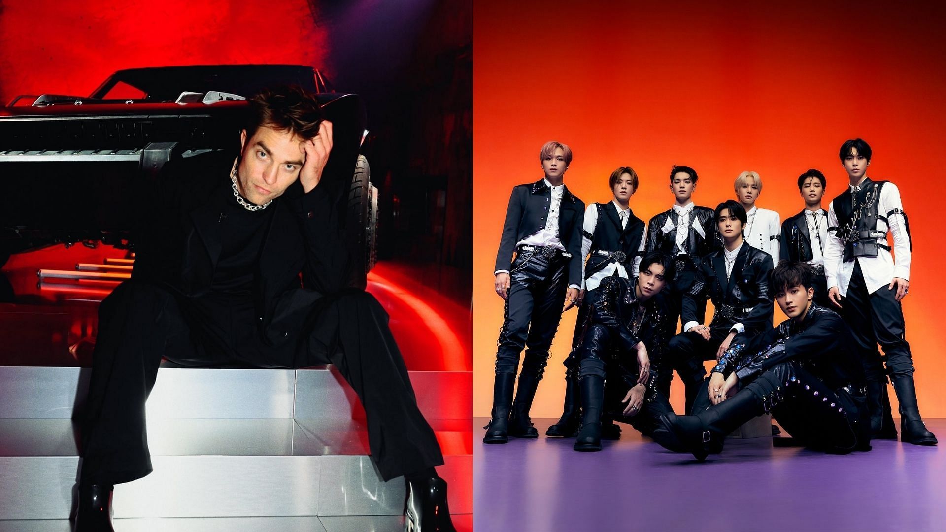 Robert Pattinson and K-pop group NCT concept photo for &#039;Sticker&#039; (Images via @TheBatman and @NCTsmtown_127/Twitter)