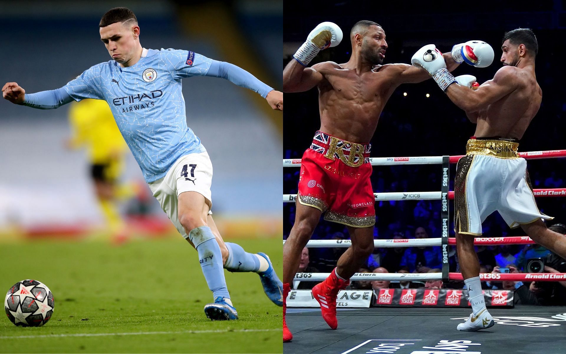 Phil Foden (left), Kell Brook and Amir Khan (right)