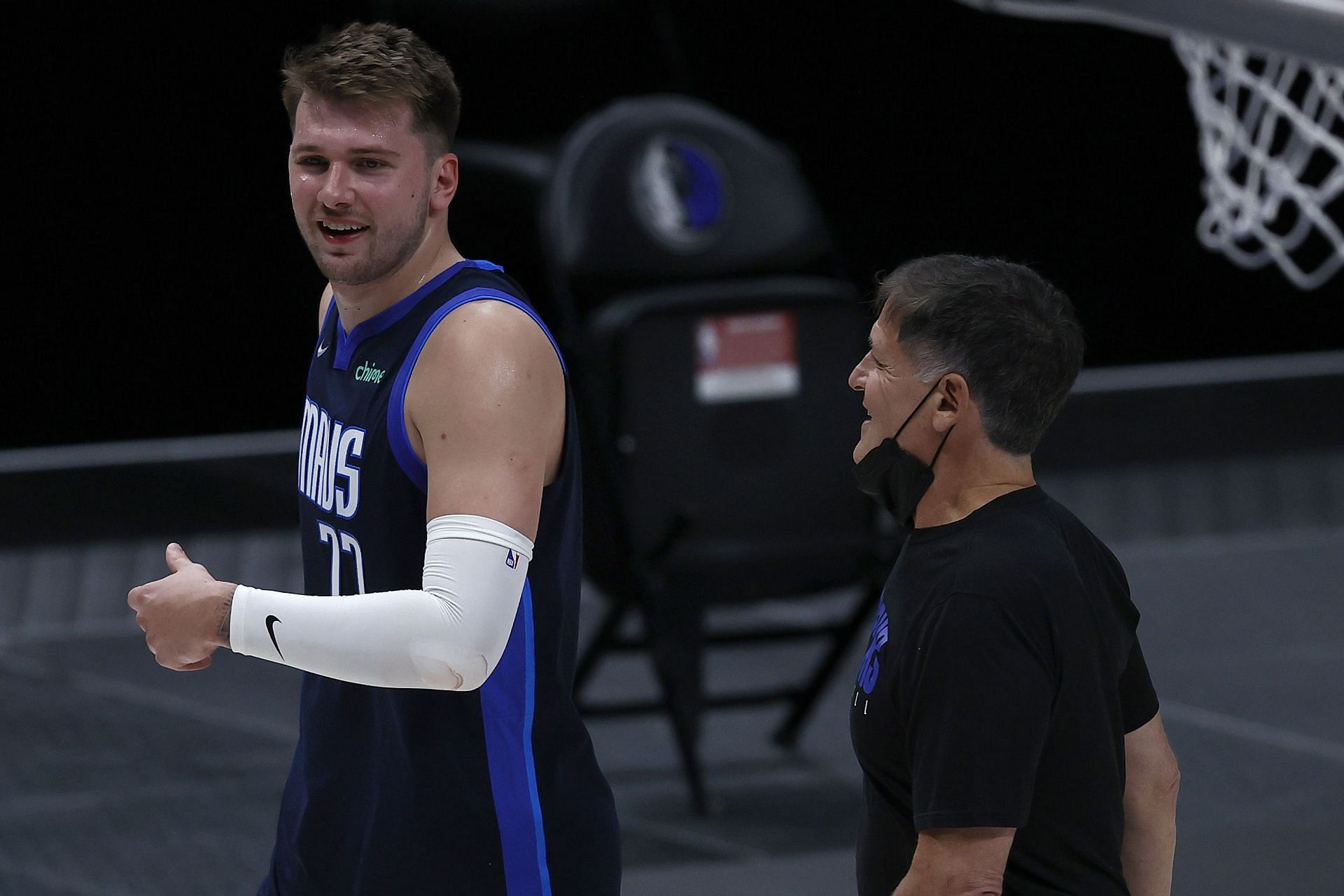 Luka Doncic of the Dallas Mavericks with team owner Mark Cuban