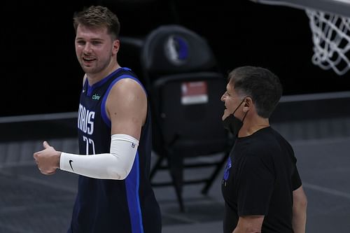 Luka Doncic of the Dallas Mavericks with team owner Mark Cuban