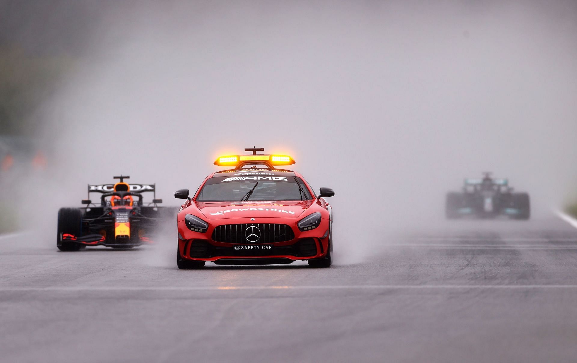 F1 safety car leading Max Verstappen (33) Red Bull Racing RB16B during the 2021 Belgian GP