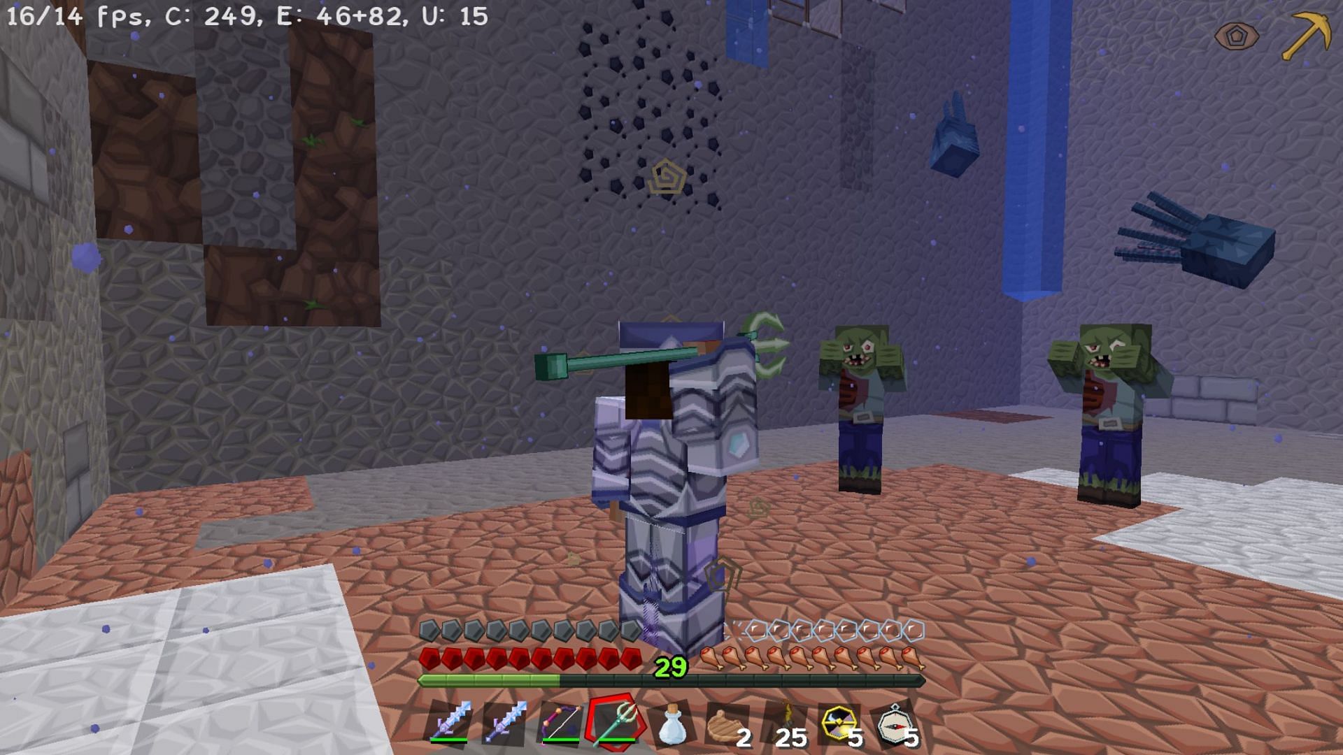 A player readies a Channeling trident against zombies (Image via Mojang)