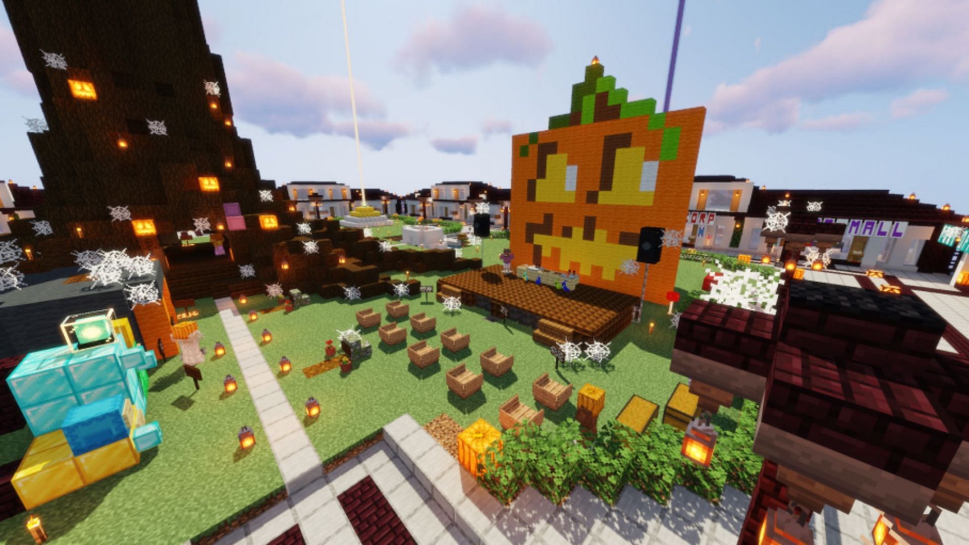 A player-made shopping district on MaximumMC&#039;s economy server (Image via Planet Minecraft/MaximumMC)