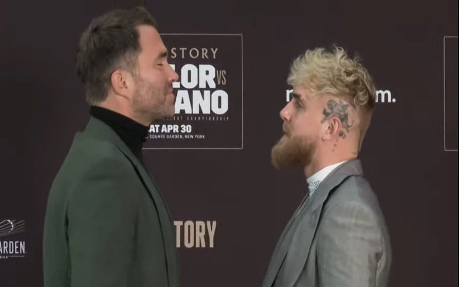 Eddie Hearn (L) and Jake Paul (R) had a staredown at Madison Square Garden media day