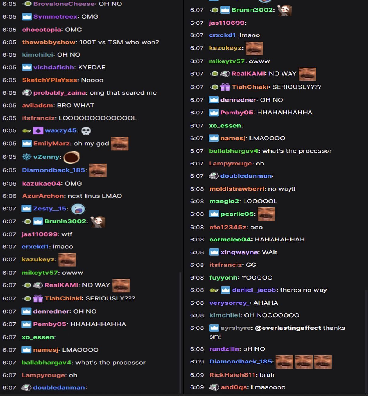 Twitch chat reacting to Kyedae dropping the RTX 3090 (Images via Twitch/Kyedae)