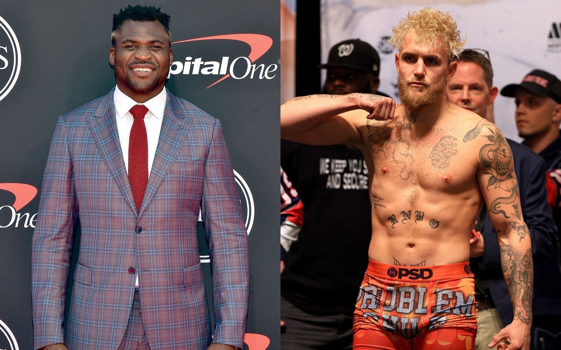 UFC heavyweight champion Francis Ngannou (left) and YouTuber-turned-boxer Jake Paul (right)