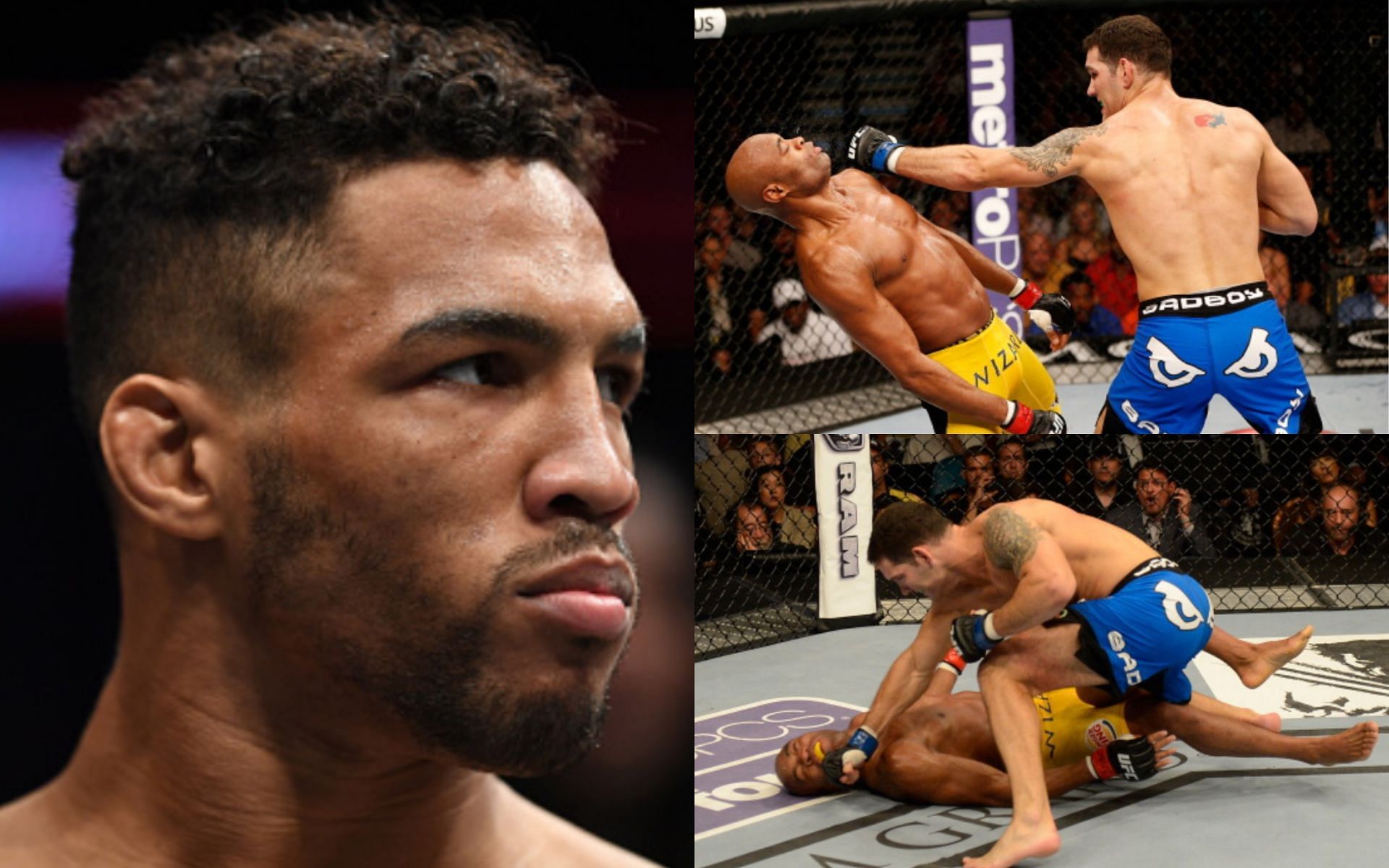 Kevin Lee (left); Silva vs. Weidman at UFC 162 (top and bottom right)