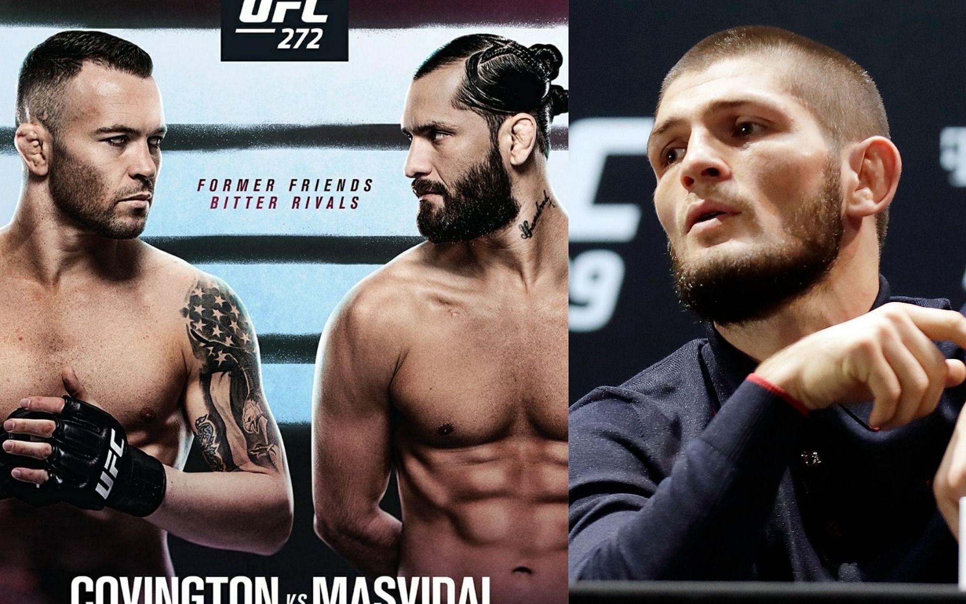 The official poster for UFC 272: Colby Covington vs. Jorge Masvidal (left; Credits: UFC.com) and Khabib Nurmagomedov (right)