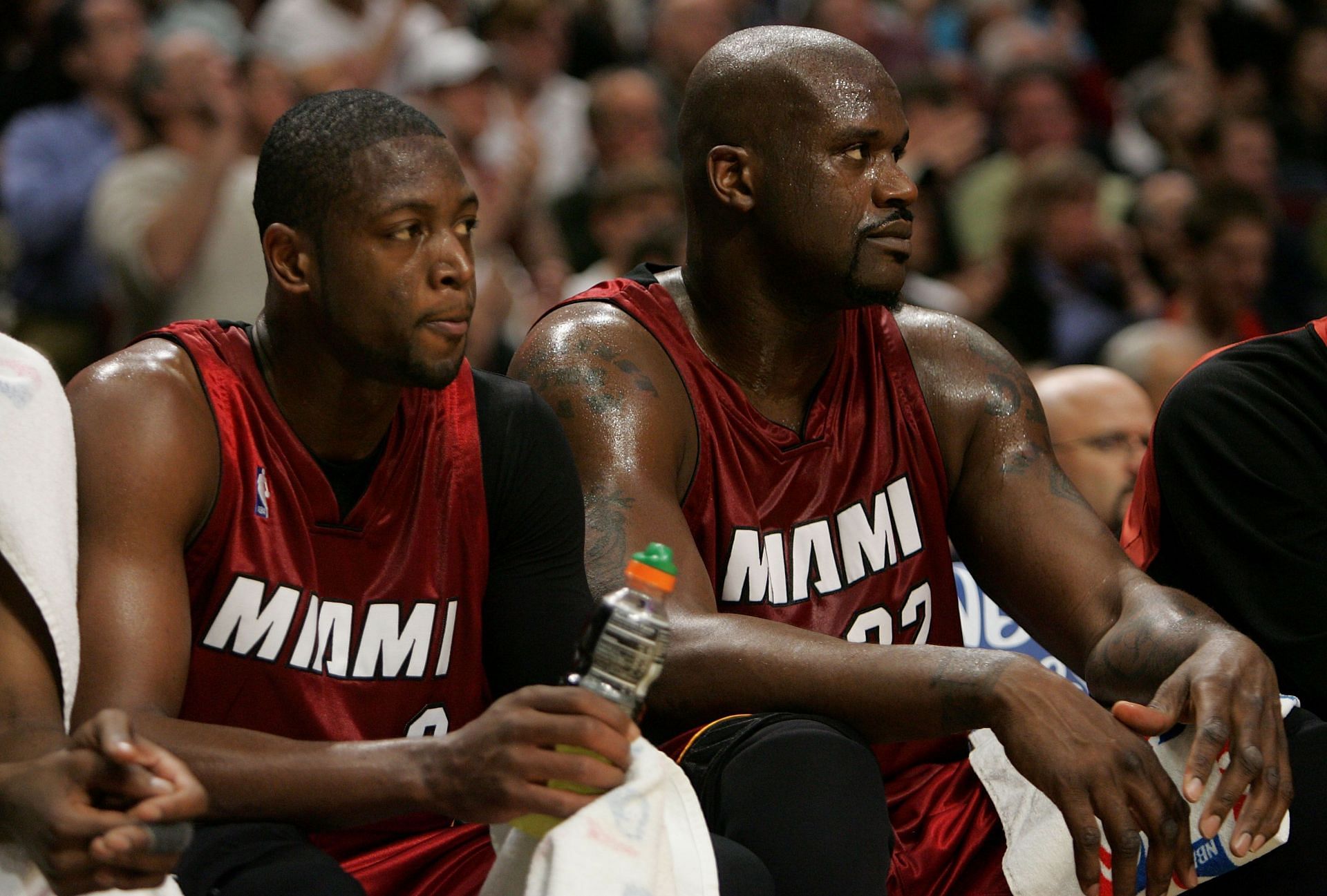 Dwyane Wade and Shaquille O&#039;Neal (right) of the Miami Heat
