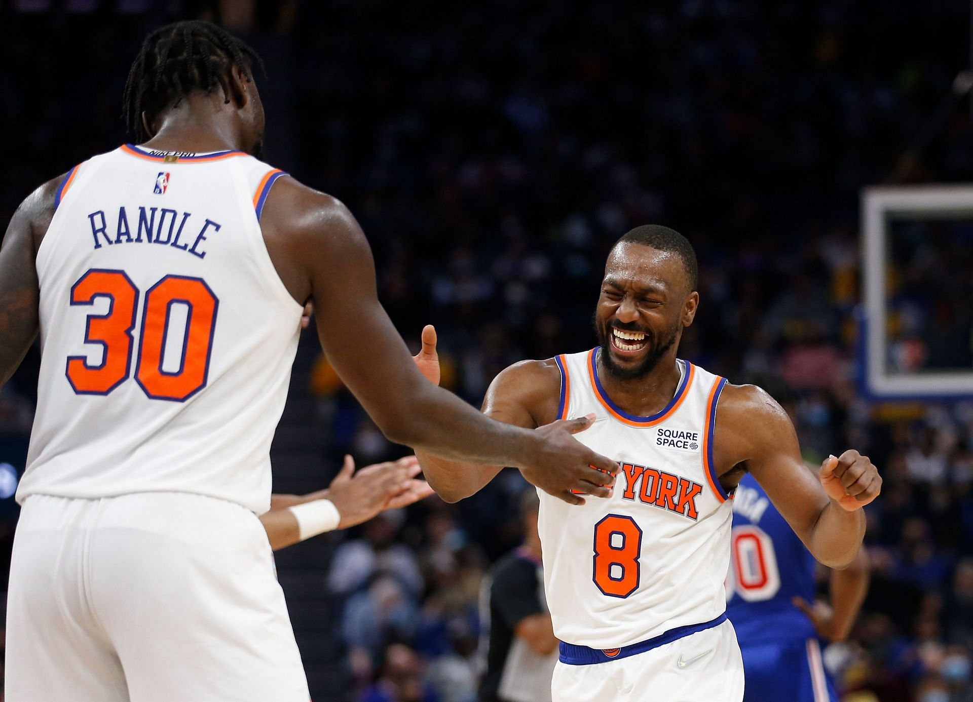 Kemba Walker (8) of the New York Knicks reacts with Julius Randle after a play against the Golden State Warriors in the third quarter Feb. 10 in San Francisco, California.