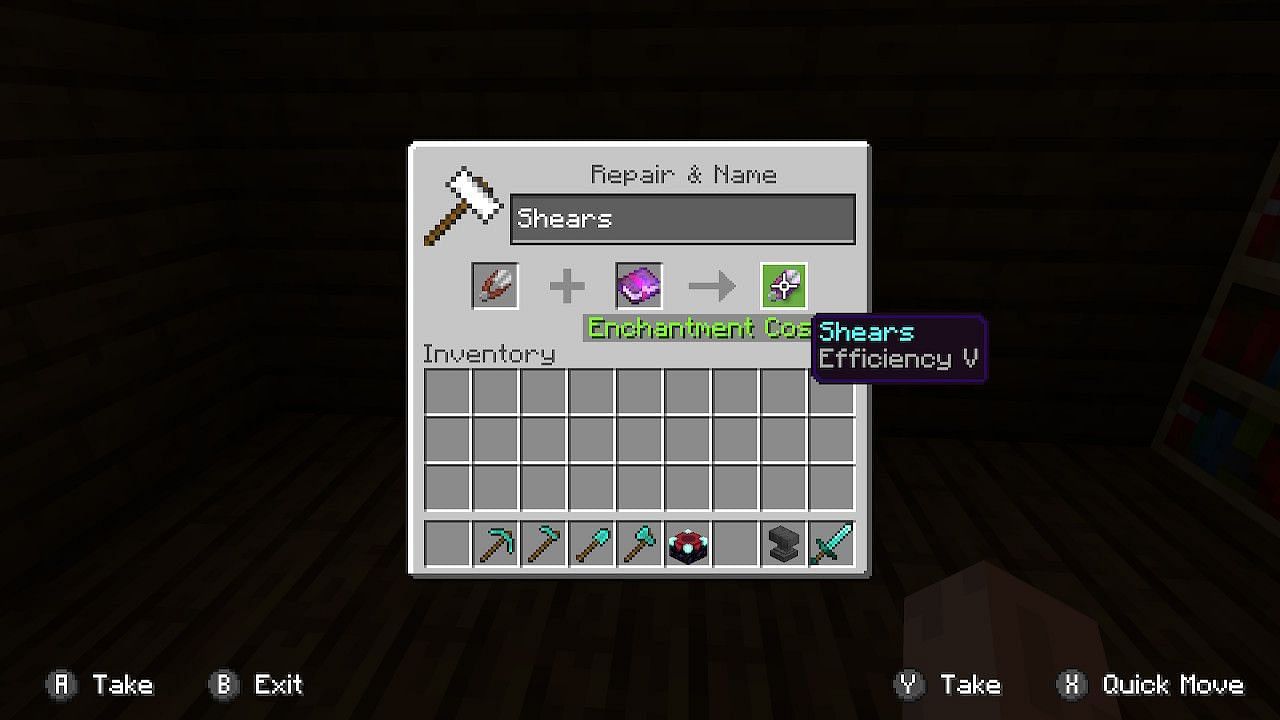 Shears are a secondary item that can be enchanted with efficiency in order to speed up the harvesting (Image via Minecraft)