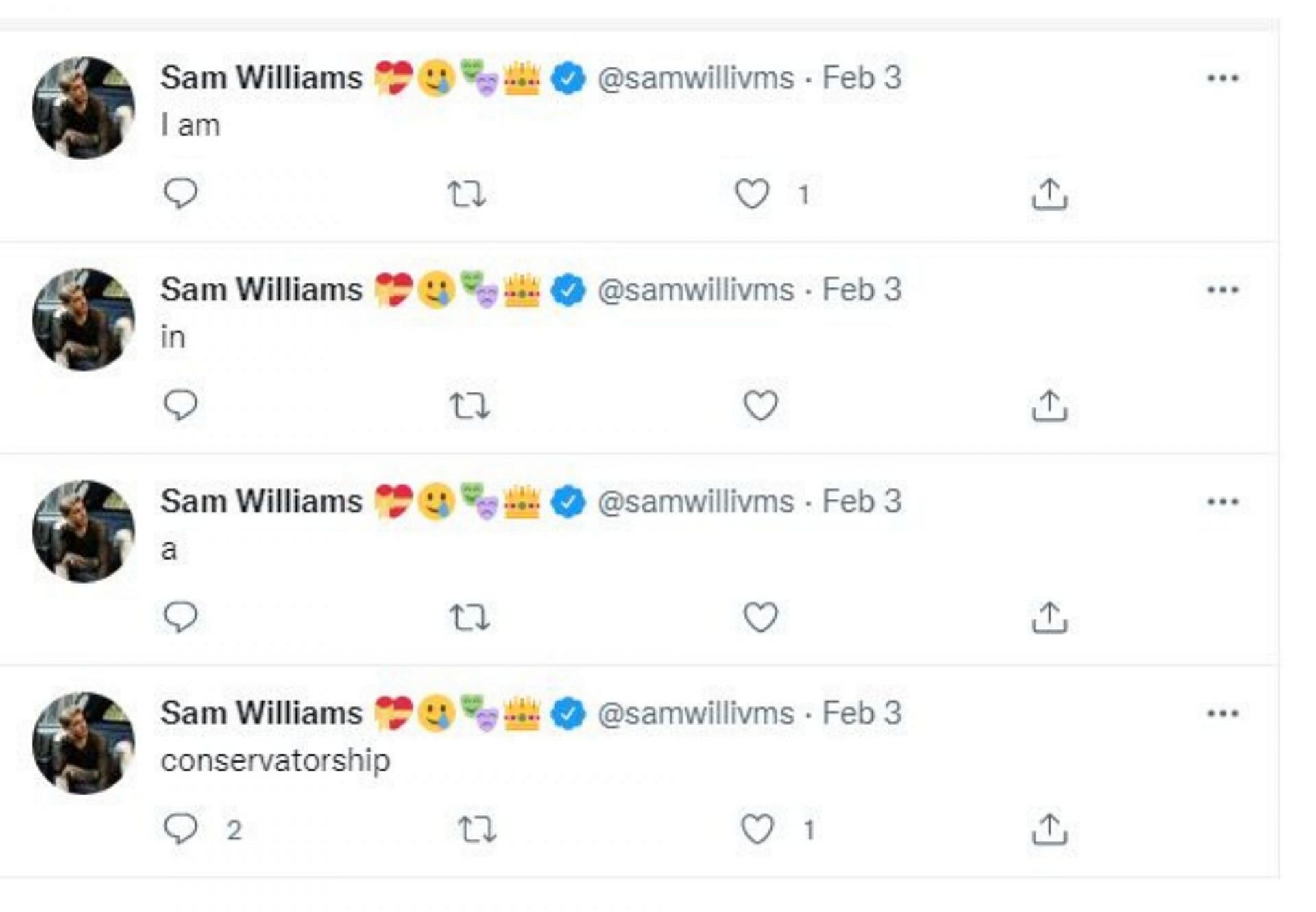 Sam Williams reveals he is in a conservatorship (Image via Sam Williams/Twitter)